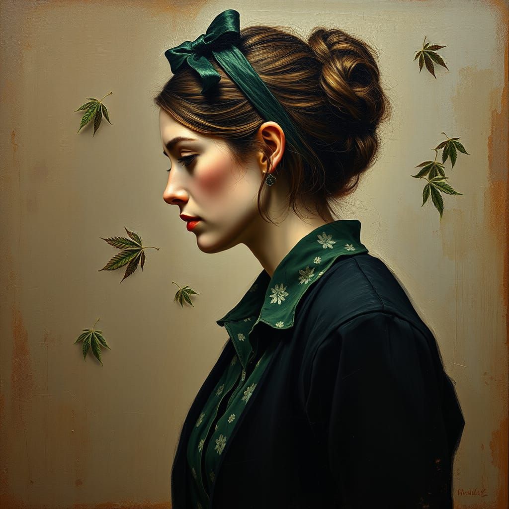 Woman in Neo-Impressionist Oil Painting with Falling Leaves