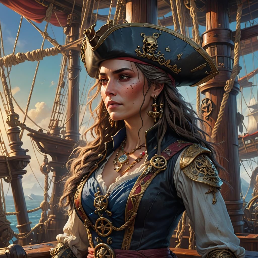 Regal Pirate Queen on Ship Deck at Golden Hour