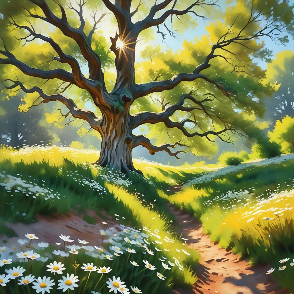 Oak Tree in Impressionist Style with Daisies