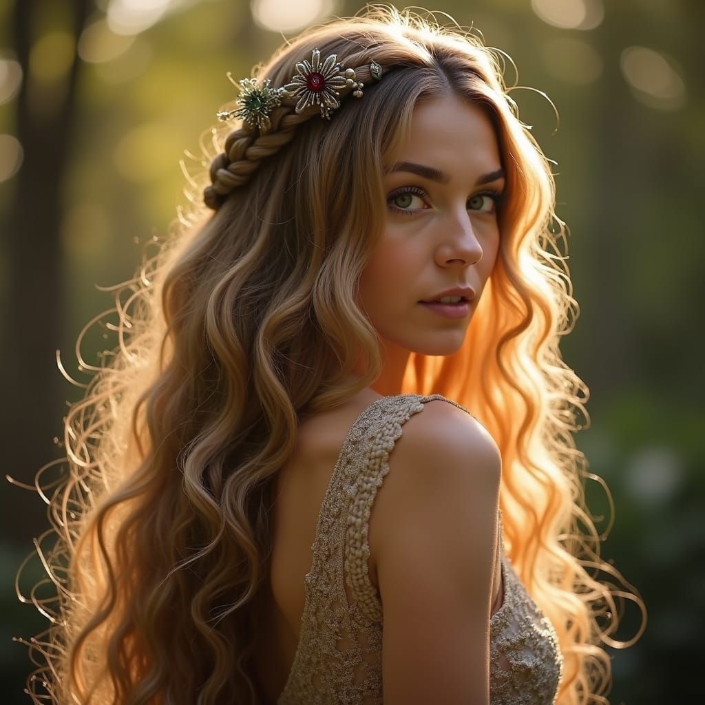 Woman with Flowing Braided Hair in Golden Light