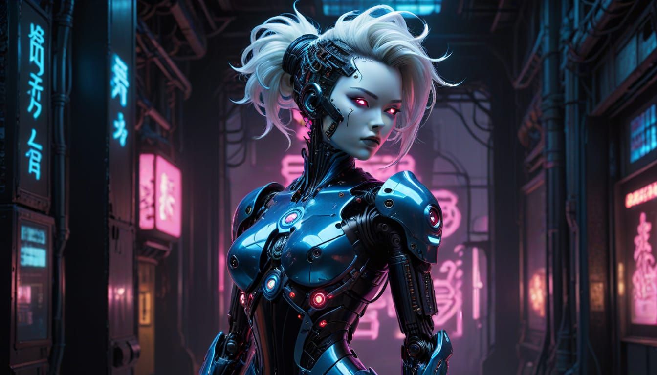 Japanese Female Gynoid in Cyberpunk Cityscape