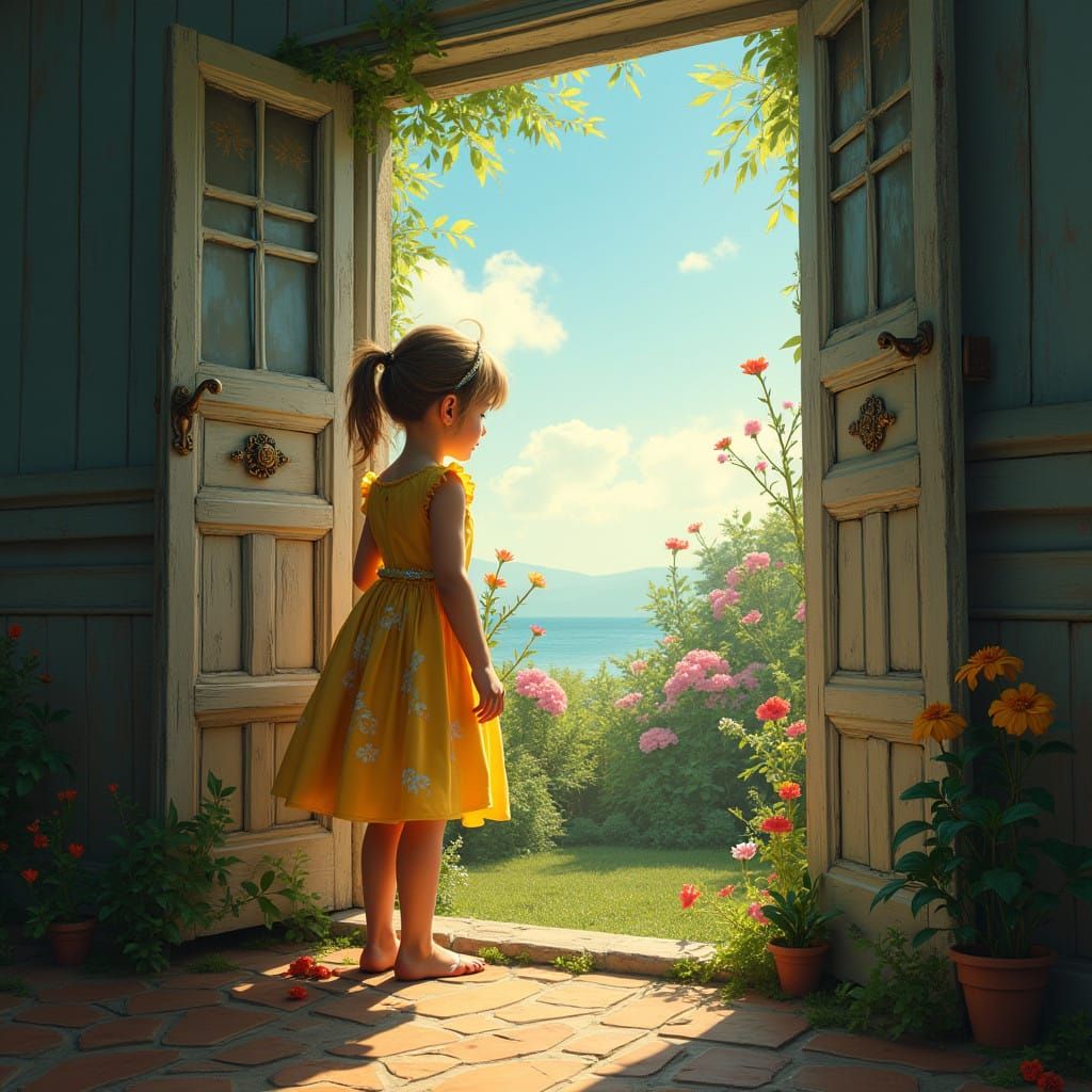 Sunlit Child Looks Out at Blooming Garden Through Old Mansio...