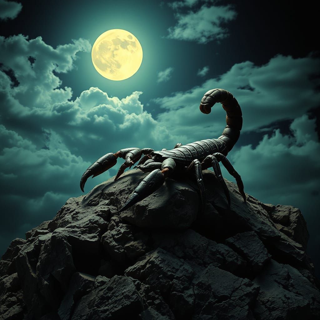 Scorpion on Rock at Night Under Full Moon