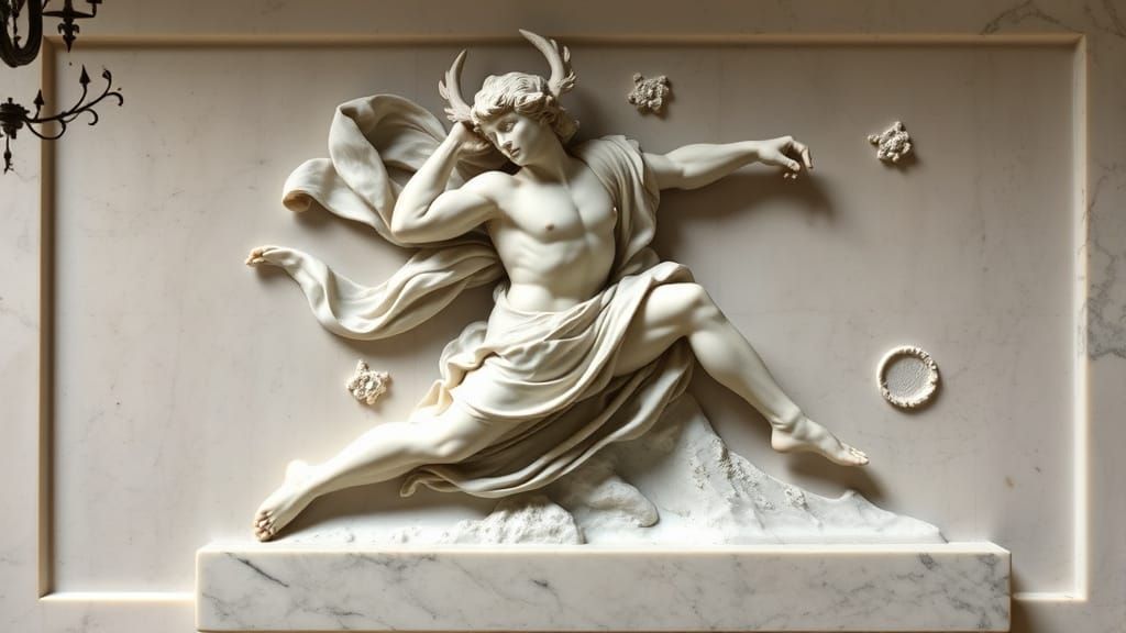 Satyr Pursuing Goddess in Marble Bas-Relief