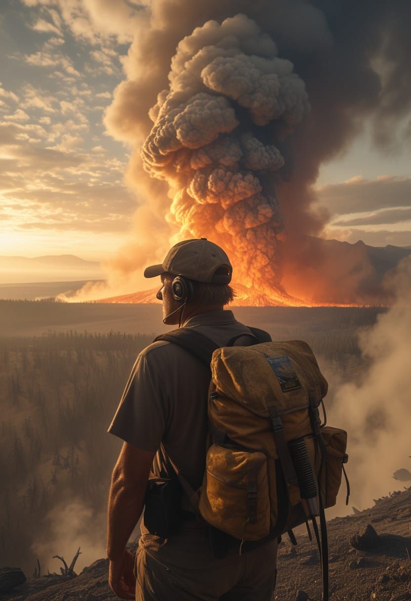 Apocalyptic Yellowstone Scene with Man Broadcasting Disaster