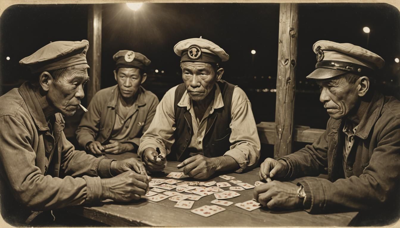 Sinister Sailors Playing Poker: Vintage Wharf Photography