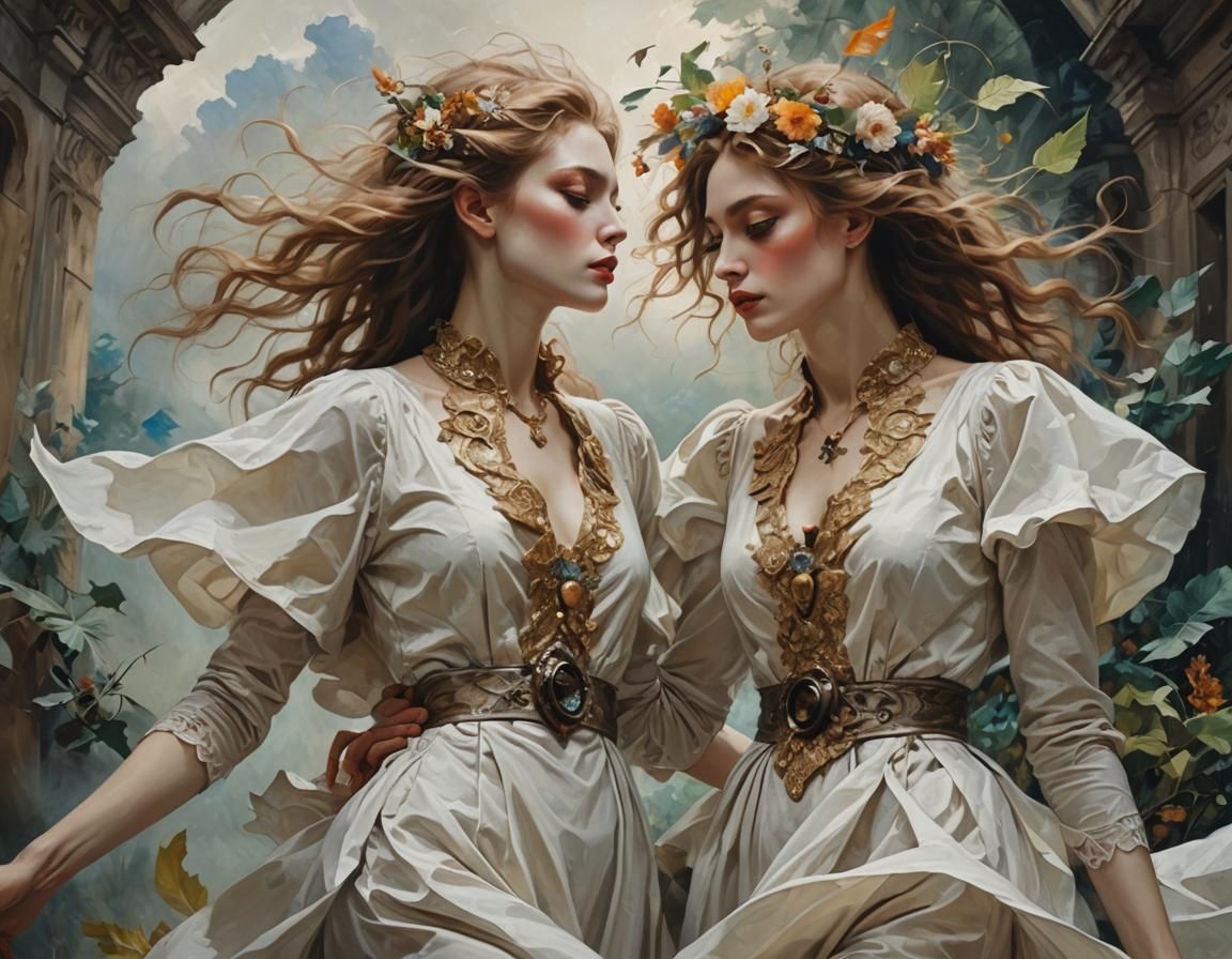 Androgynous Figures Dance in a Dreamscape, Art Nouveau