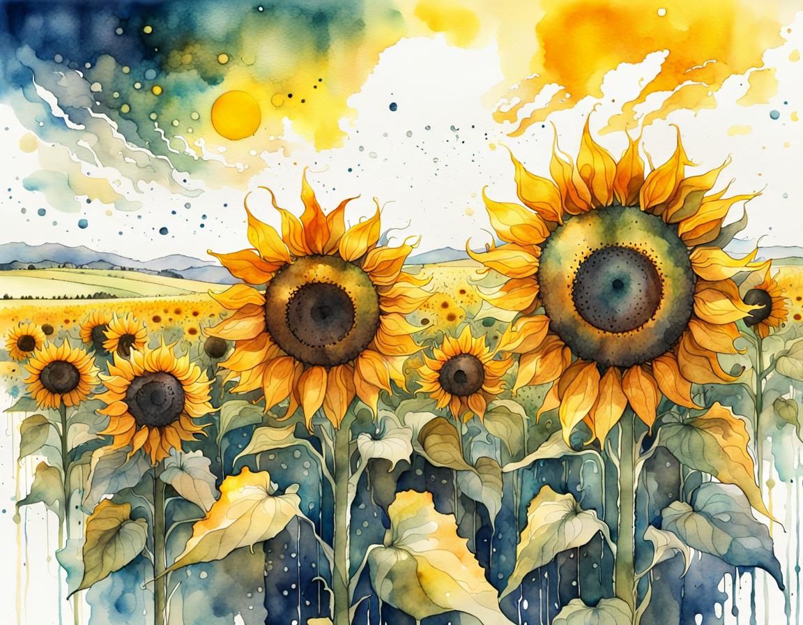 Sunflower Field in Surreal Watercolor Ink Art