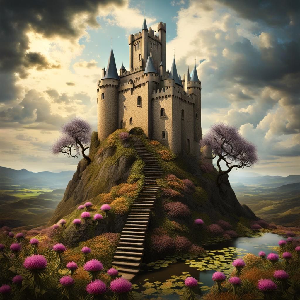 Surreal Thistle Flower Builds a Castle: Digital Illustration
