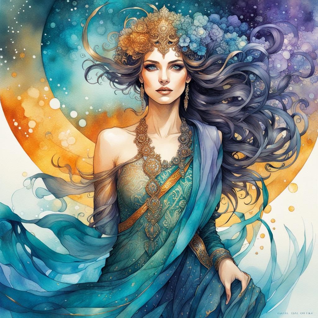 Illustration watercolor ink fantasy art, teal