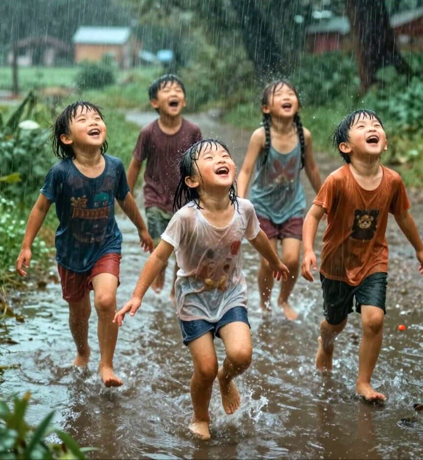 Children Joyfully Dancing in Spring Rain Showers