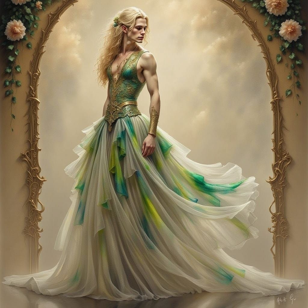 A Regal Fantasy Figure in Elegant White and Green Attire