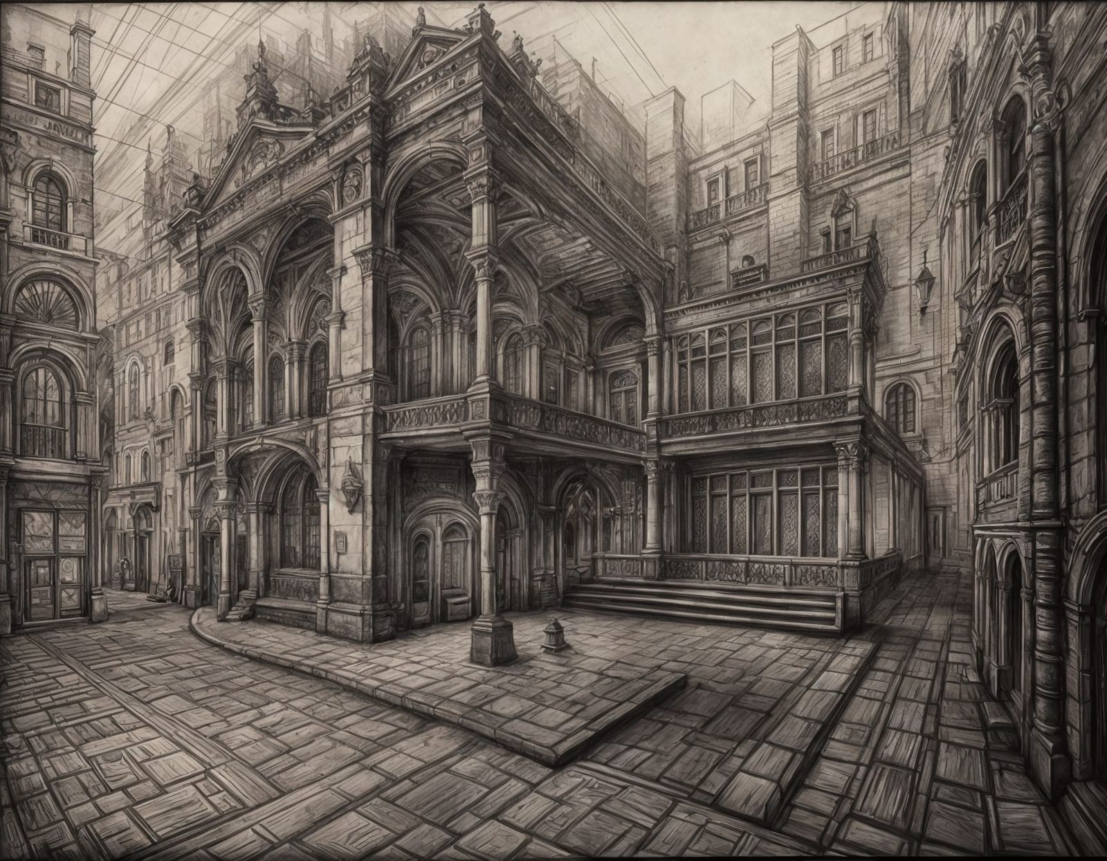 Detailed Black and White Building in Charcoal