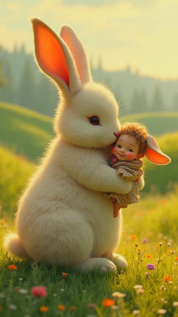 Giant Bunny Cradles Tiny Human, Children's Book Illustration