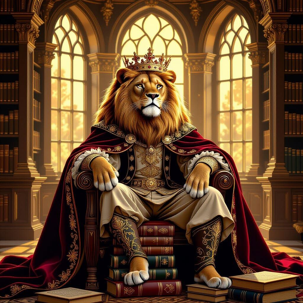 Majestic Lion King on Books in Sunlit Library