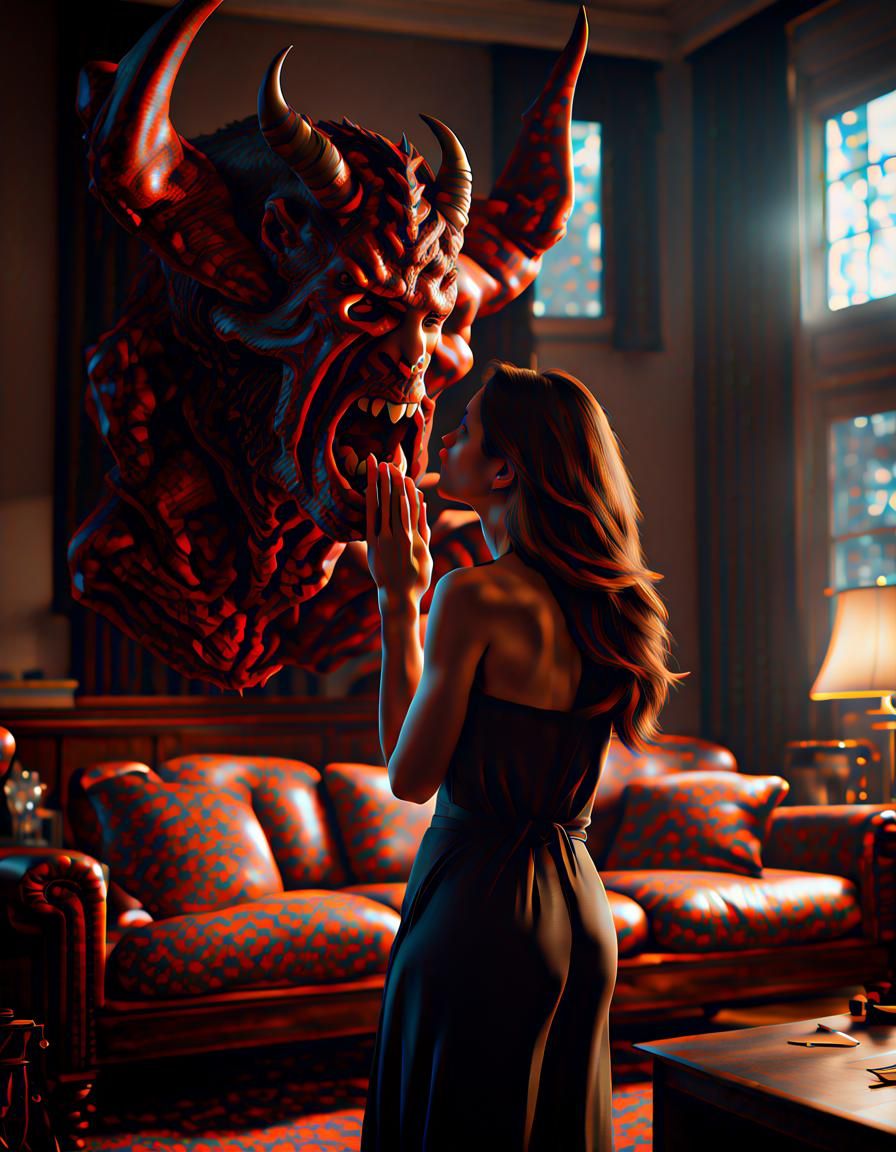 Woman Kissing Demon: Sinister Masterpiece in 8k