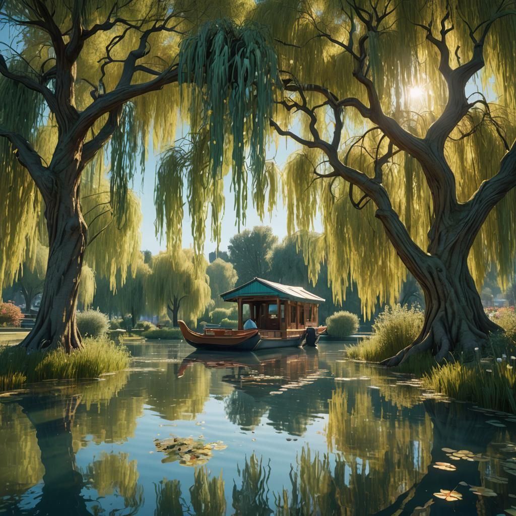 Sunlit Boating Lake with Weeping Willows