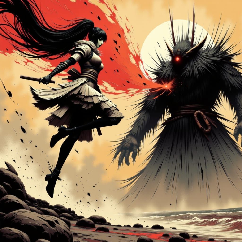 Futuristic Samurai Warrior Unleashes Energy Blast