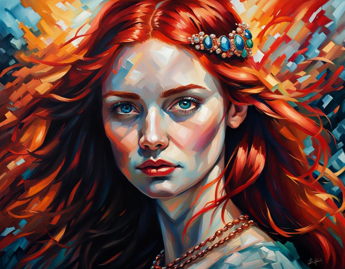 Fiery Portrait: Woman with Red Hair in Oil Painting