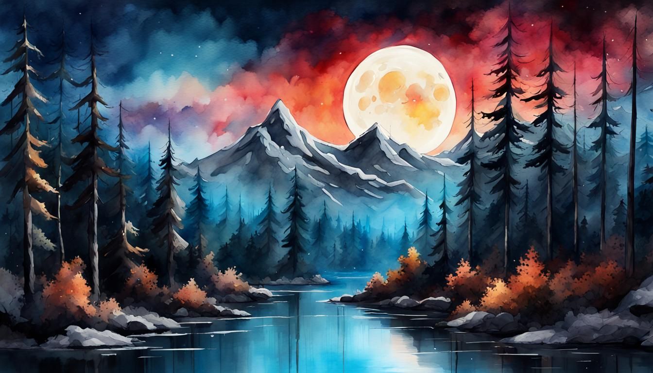 Moonlit Forest in Watercolor Style