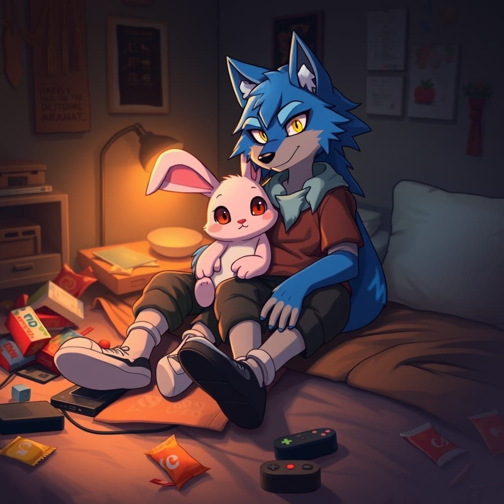 Cozy Anthro Wolf and Rabbit Snuggle Up Together