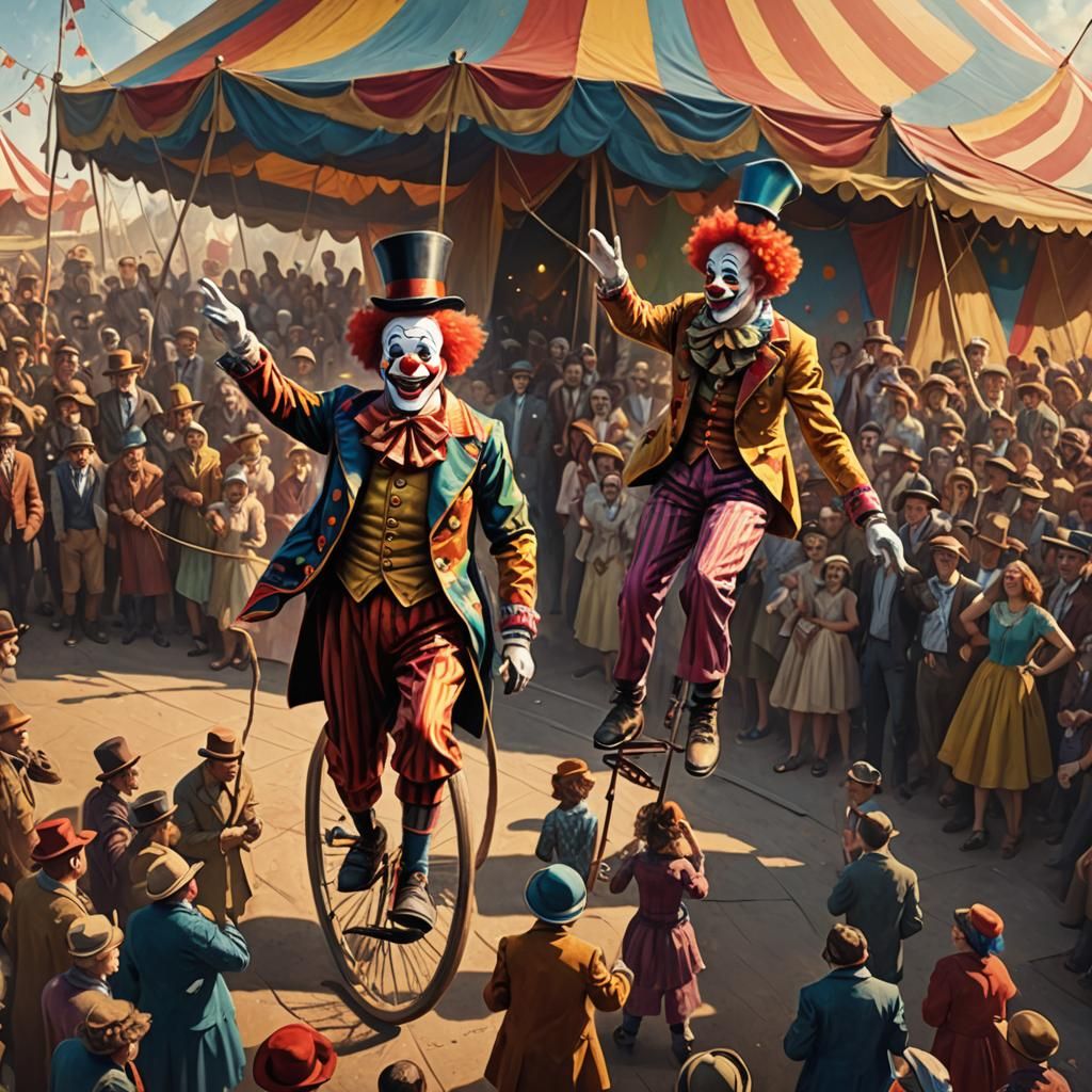 Clown on Unicycle Concept Art in Matte Painting Style