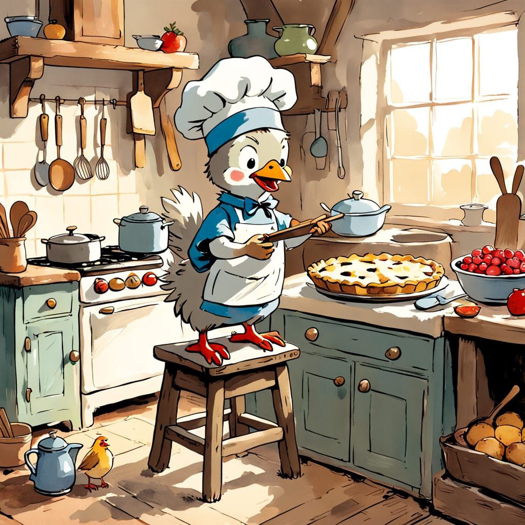 Whimsical Watercolor Kitchen Scene: Toy Chicken Bakes Berry ...