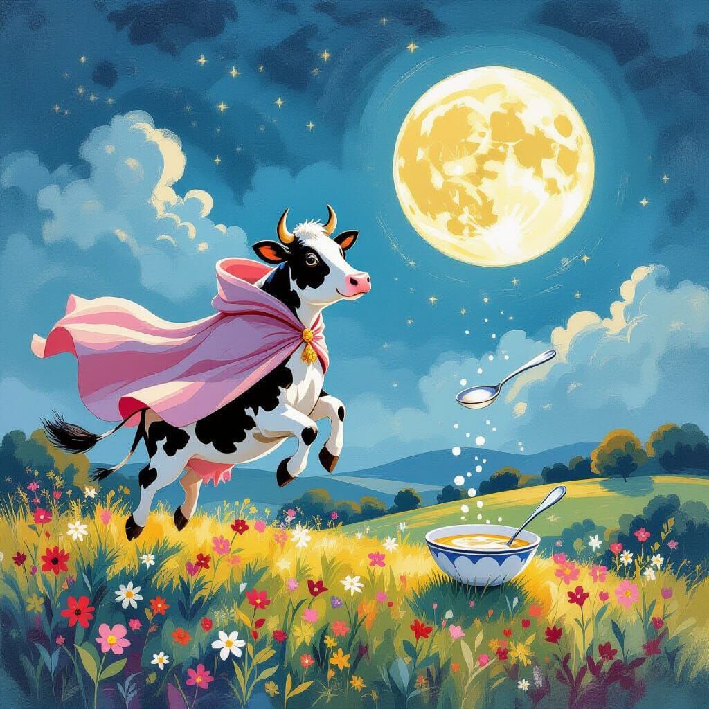 Whimsical Cow Jumps Moon, Dish & Spoon Escape in Gouache Sty...