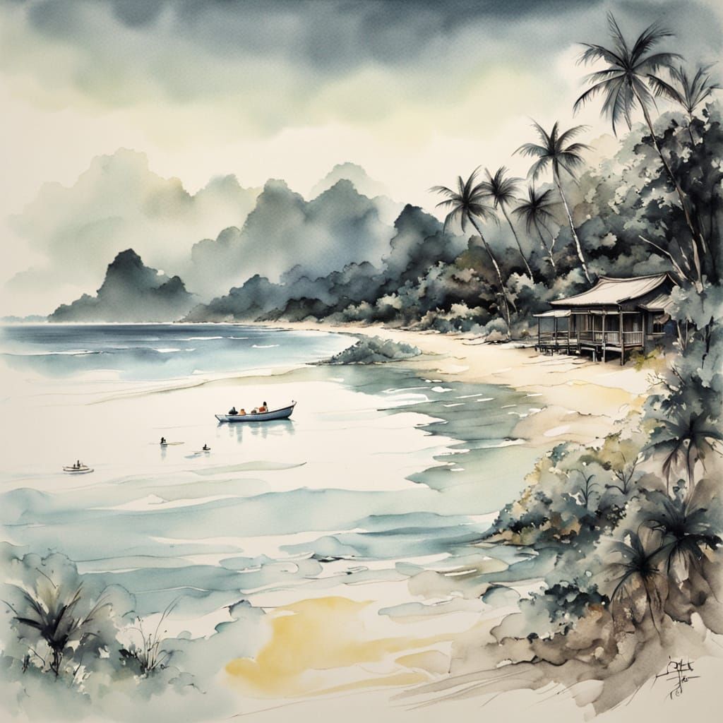 Tropical Oasis in Soft Chinese Ink