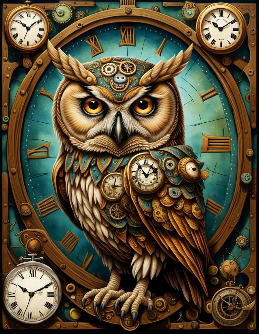 Surreal Owl in Steampunk Clockwork Dreamscape