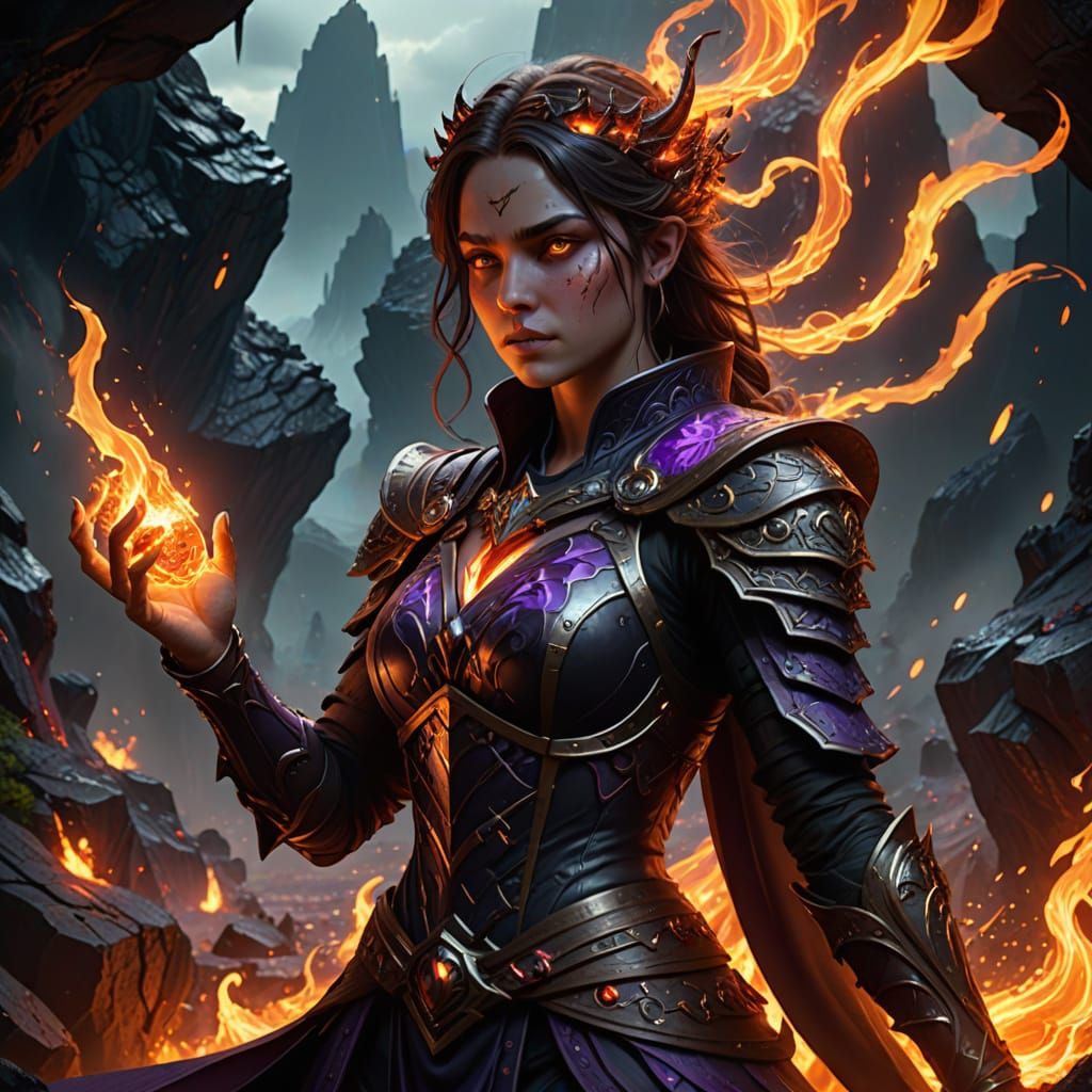 Fantasy Pyromancer Spellcasting on Obsidian Ridge