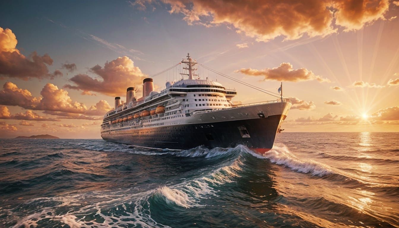 Ocean Liner Sunset View in Hyperrealistic Style