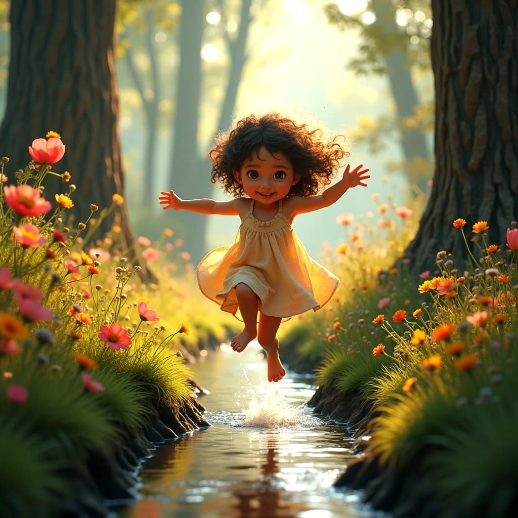 Joyful Girl Leaping in Lush, Vibrant Landscape