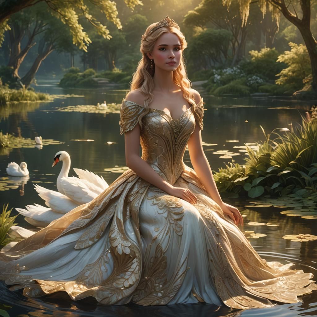 Swan Princess in Golden Light: Fantasy Matte Painting