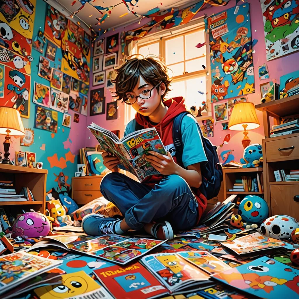 Teenager Reading Comic Book in Vibrant Digital Art