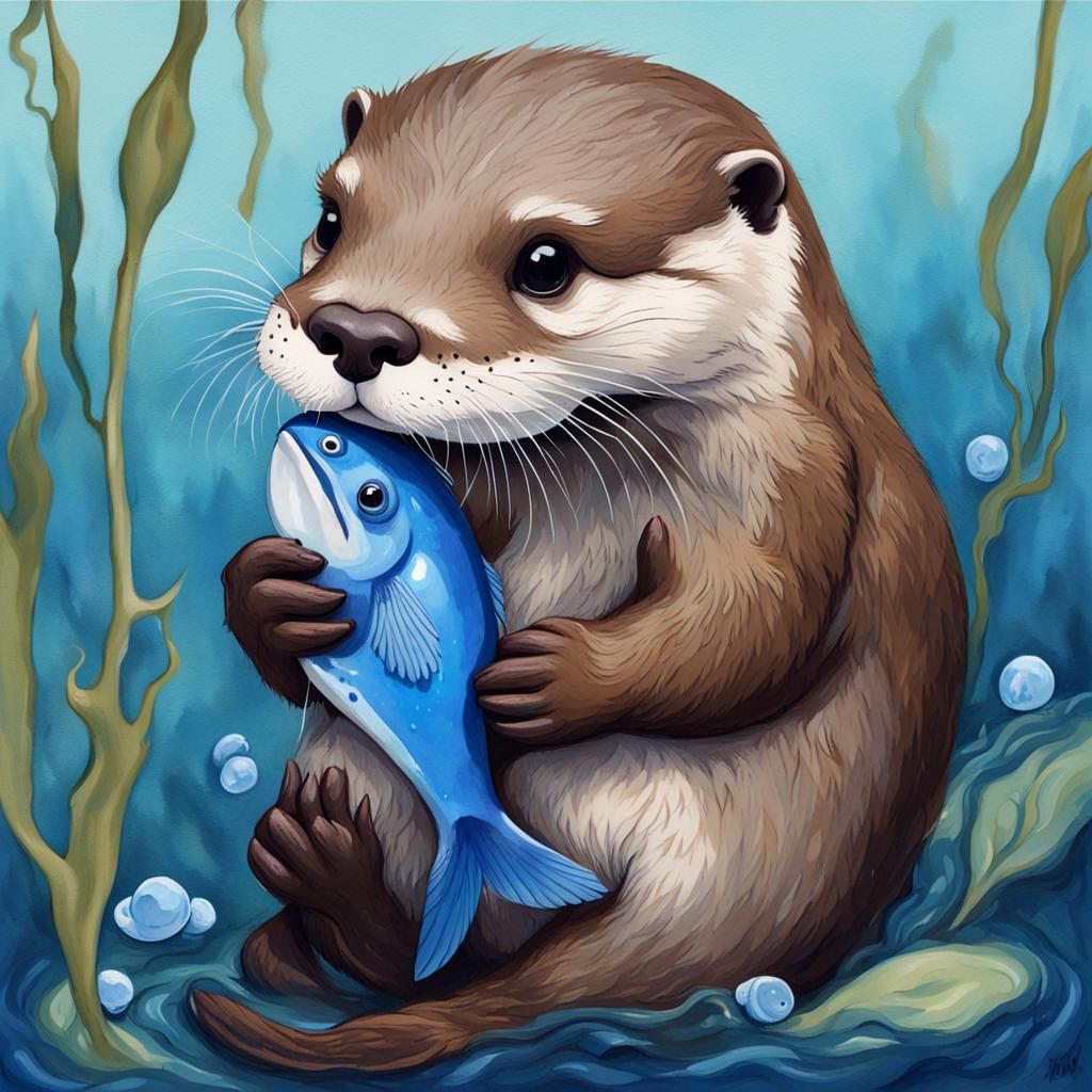 Charming Otter with Blue Fish: Gouache Painting