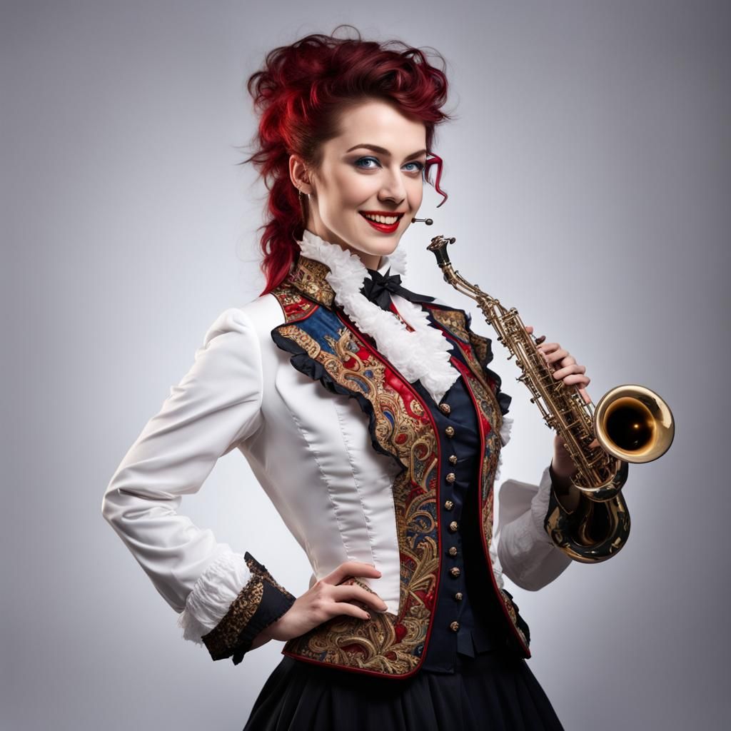 Steampunk Woman Plays Saxophone