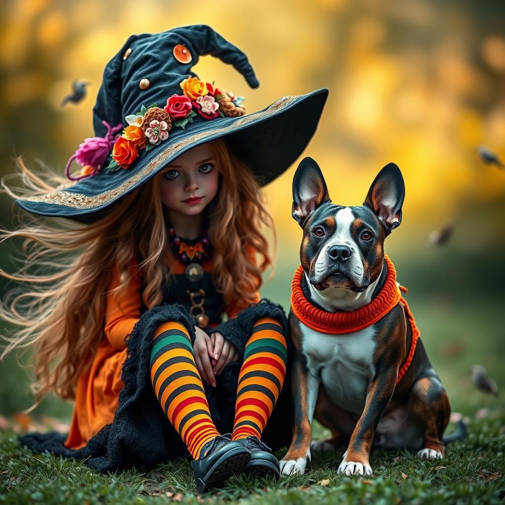Whimsical Witch and Playful Pitbull in Hyper Reality