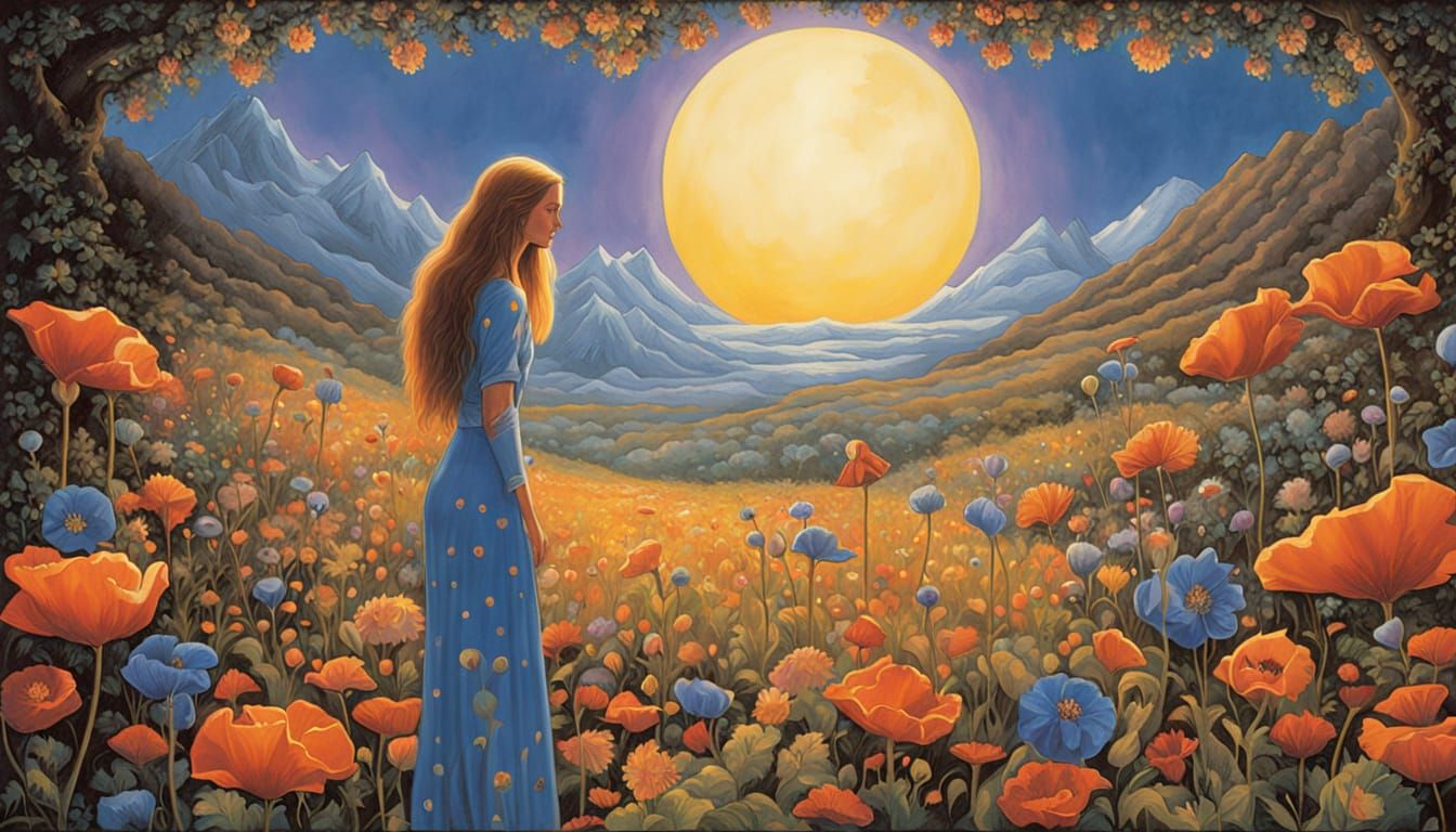 Surreal Woman Flying Over Snow Mountains in Wildflower Field