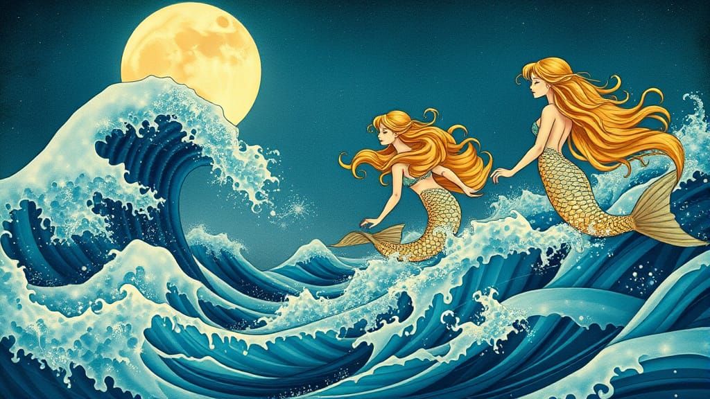 Moonlit Mermaids Leaping from the Enchanted Wave