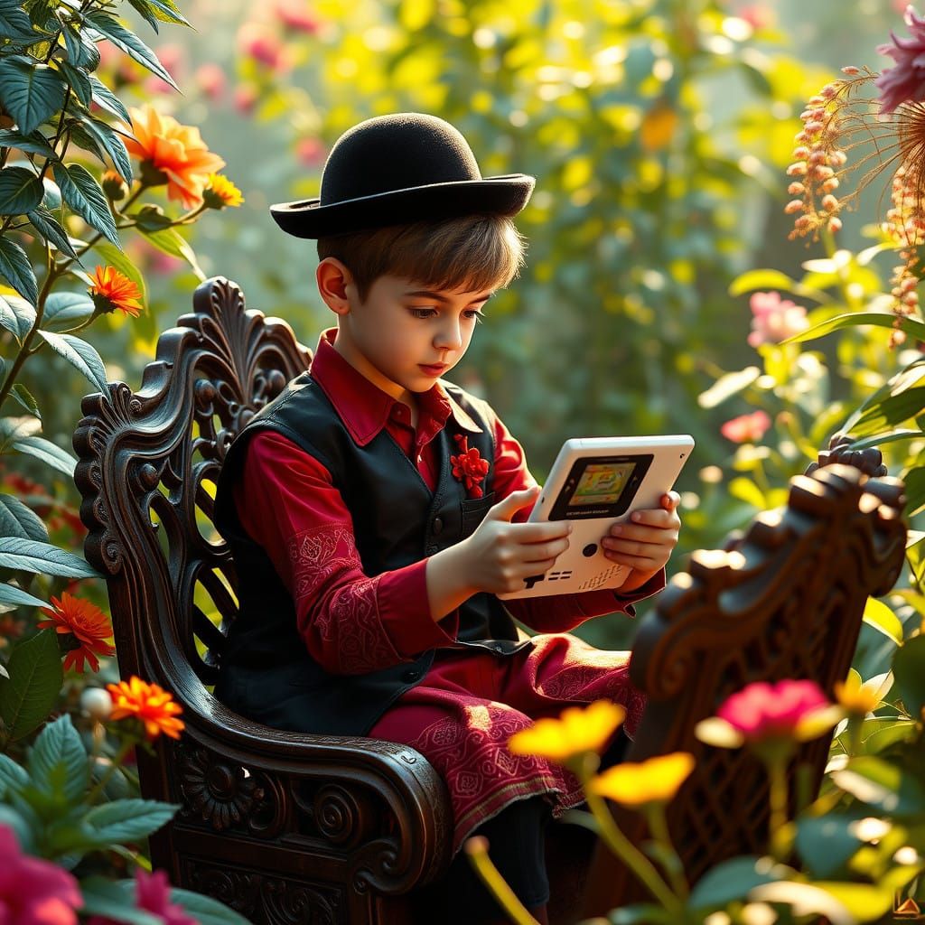Young Hasidic Boy in Whimsical Fantasy Garden