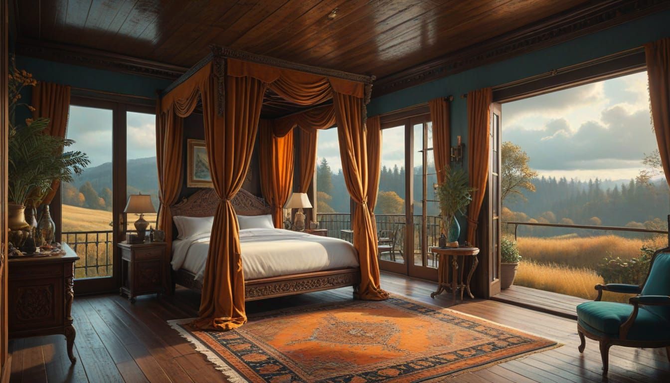 Lavish Velvet-Draped Balcony Overlooks Vibrant Forest in Gen...