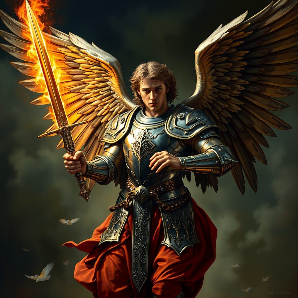 Majestic Angel in Shining Renaissance Armor Descends from th...