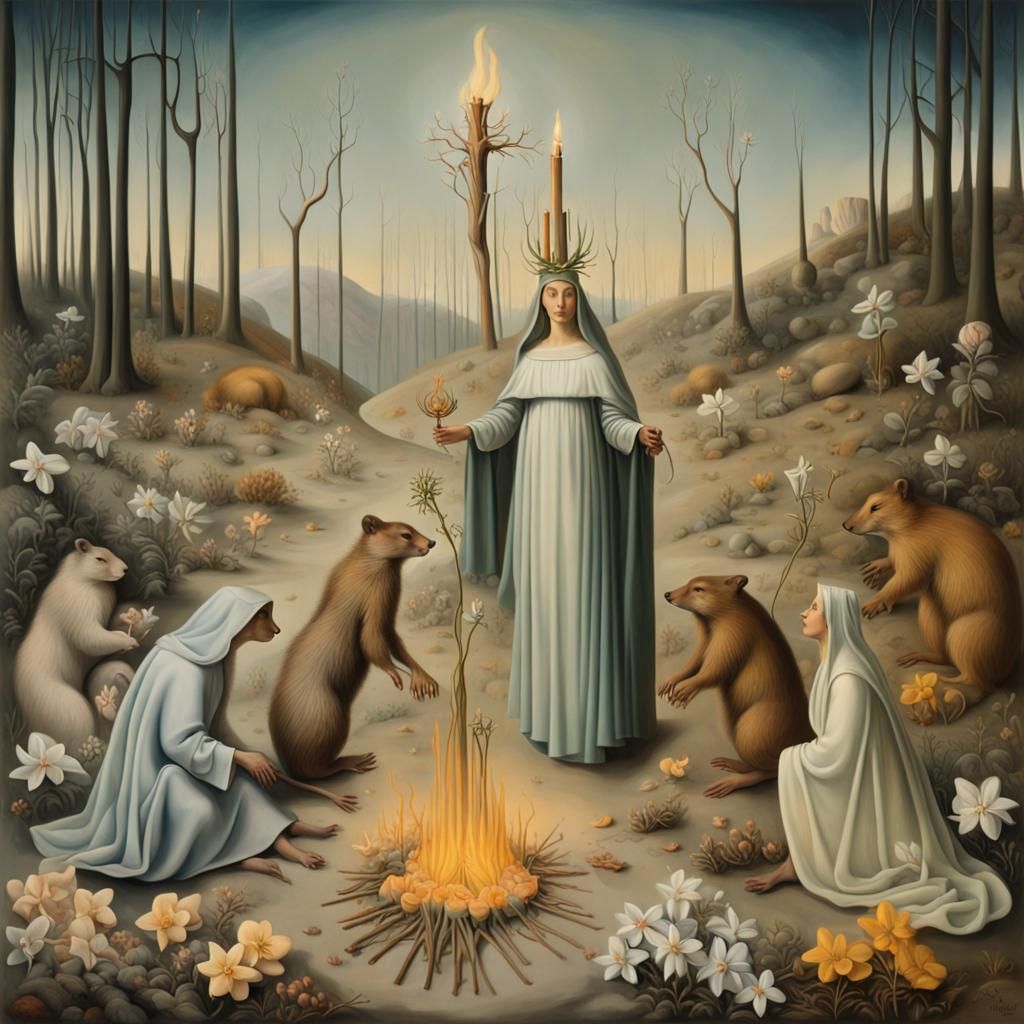 Imbolc Celebration with Saint Brigid in Surreal Style