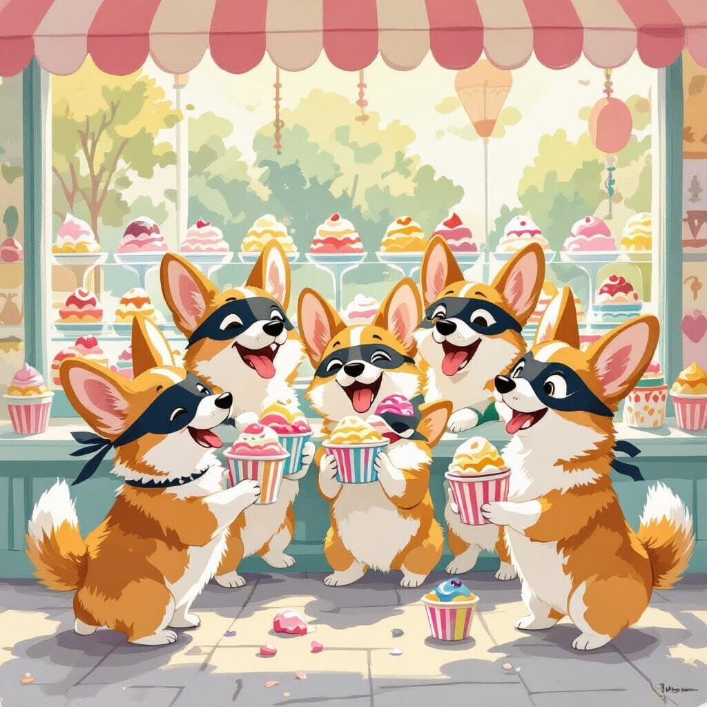 Corgis Joyfully Rob Ice Cream Shop in Whimsical Illustration