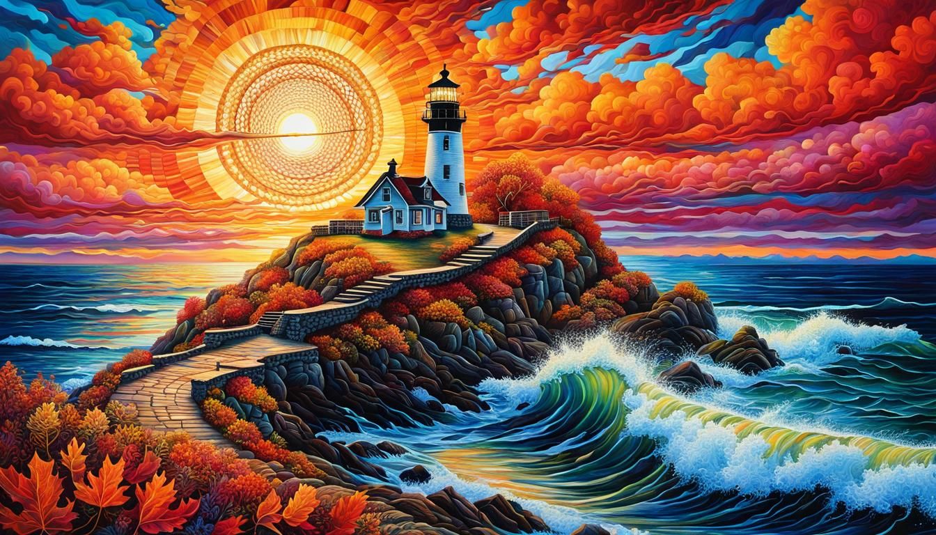 Autumn Lighthouse Sunset in Geometric Acrylic Style