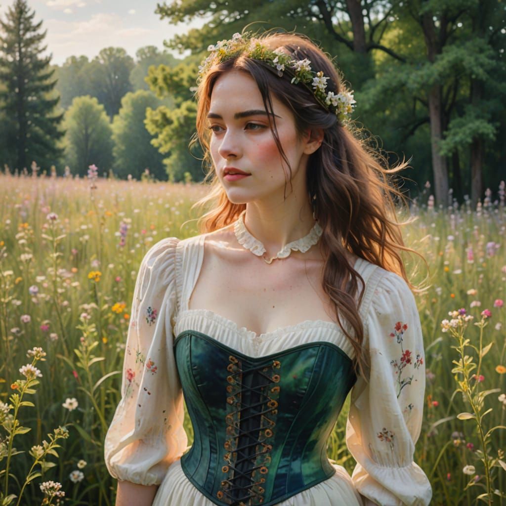 Woman in Wildflower Field in Impressionist Style