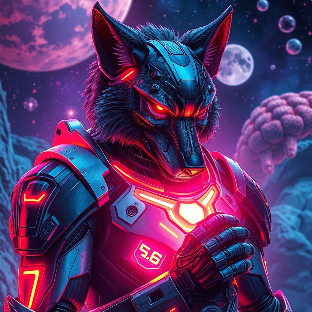 Futuristic Neon Cyborg Wolf in Holographic Illustration