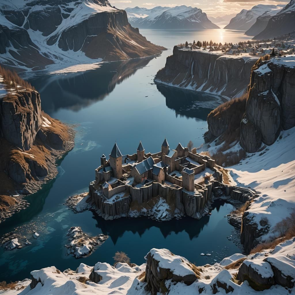 Majestic Castle Ruins Overlook Deep Fjord at Dawn