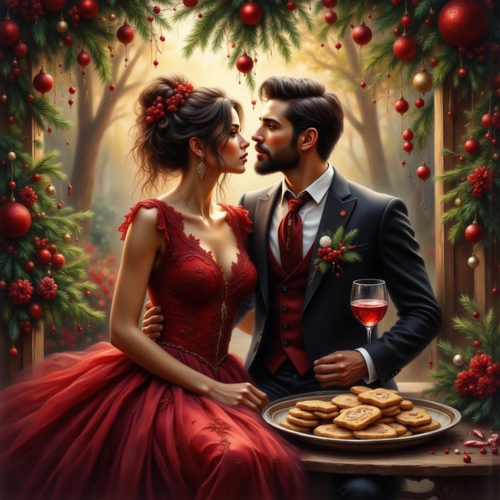Romantic Couple's Christmas Kiss Under Mistletoe